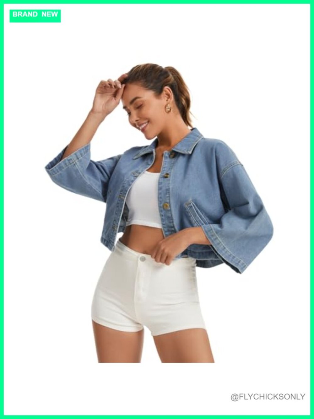 Women's Denim Jacket 3/4 Sleeve Button Down Cropped Jean Shirt Casual